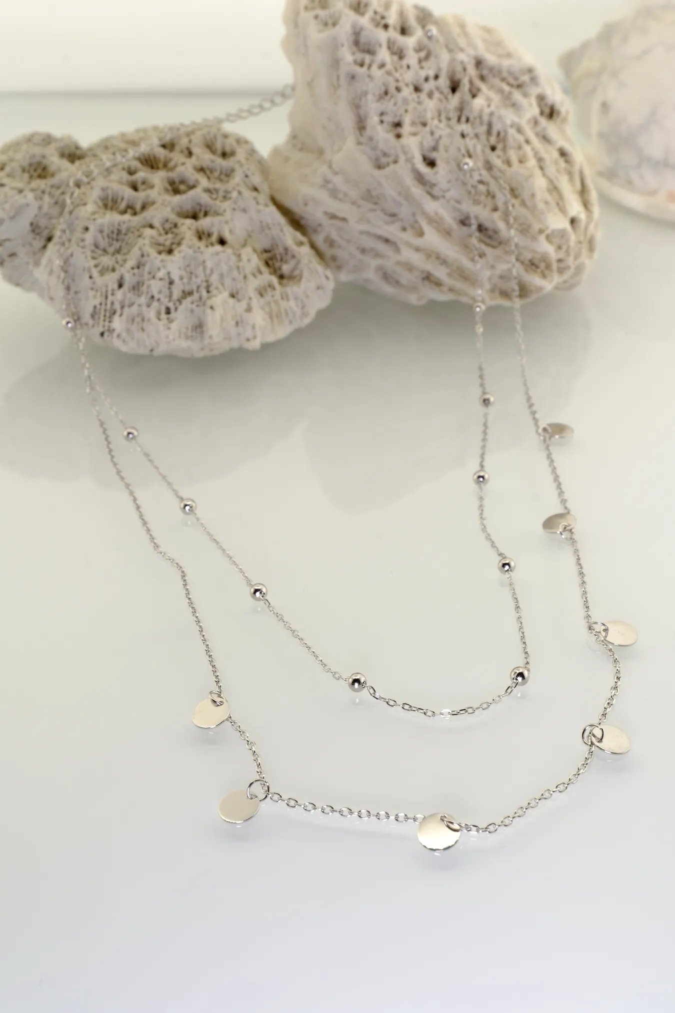 Silver necklace – 925 sterling double-layer chain with coin pendants