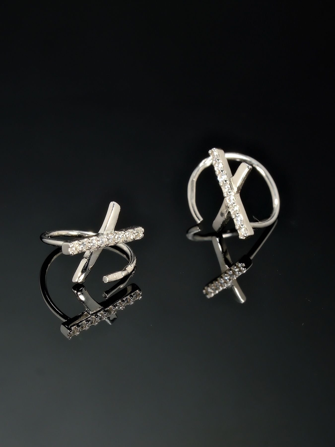 Silver Earrings with Zircon Stones – Minimalist Cross-Shaped 925 Earrings