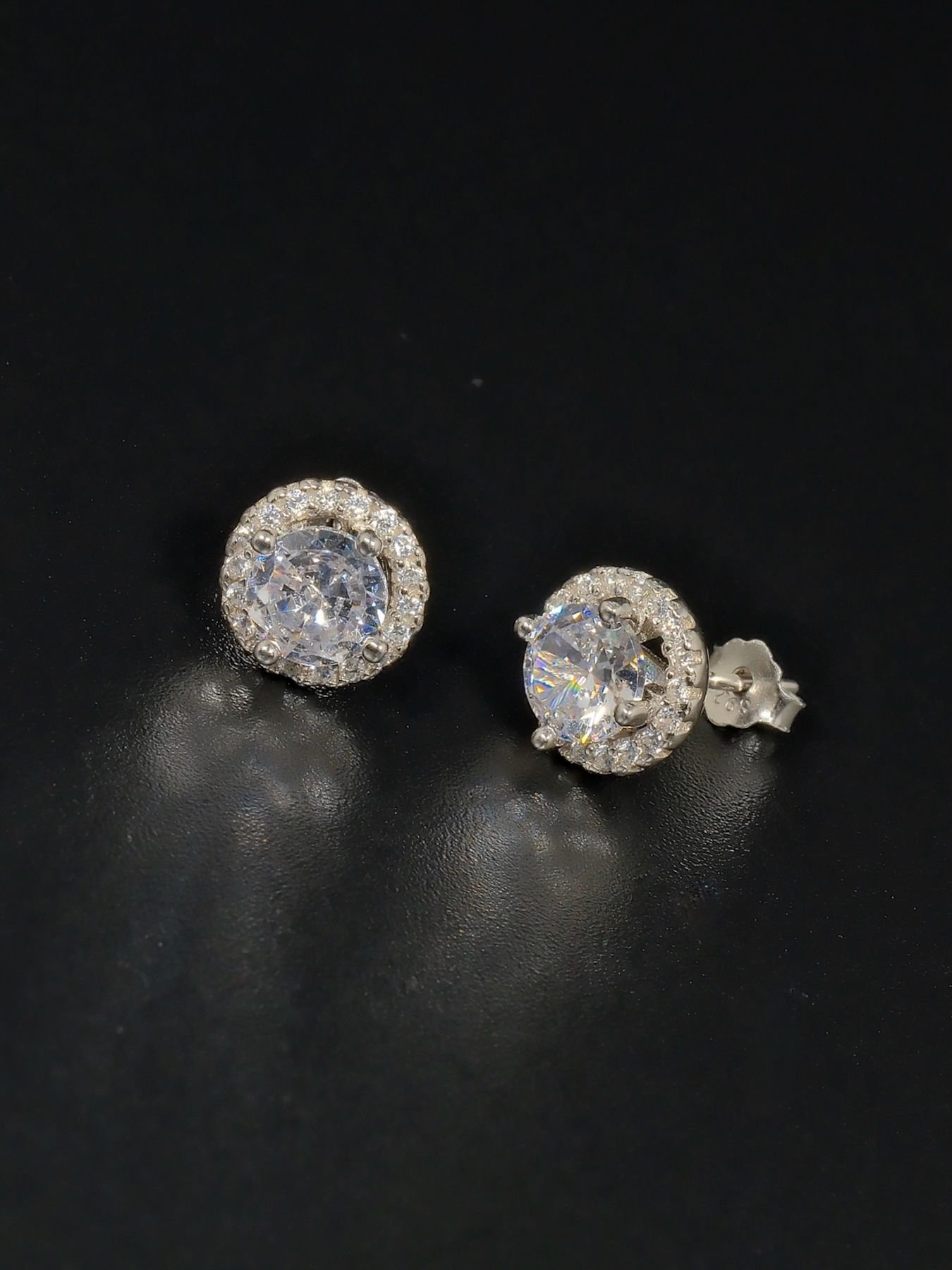 Silver Round Zircon Earrings – 925 Halo Women’s Studs